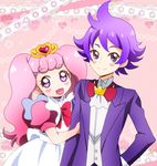  1girl aroma_(go!_princess_precure) aroma_(go!_princess_precure)_(human) bow bowtie brother_and_sister butler commentary_request formal go!_princess_precure maid masako_(sabotage-mode) pink_hair precure puff_(go!_princess_precure) puff_(go!_princess_precure)_(human) purple_hair siblings 