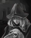  bloodborne eileen_the_crow greyscale hat holding holding_mask lips mask mask_removed monochrome parted_lips plague_doctor qi_guan_liuhe red_eyes short_hair solo spot_color upper_body 