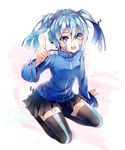  :d blue_eyes blue_hair ene_(kagerou_project) headphones holographic_interface holographic_touchscreen kagerou_project long_hair open_mouth seiza short_hair sitting smile solo teka twintails 
