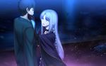  1girl black_hair blood blue_eyes blue_hair caster fate/stay_night fate_(series) formal gloves kotera_ryou kuzuki_souichirou long_hair looking_at_another pointy_ears short_hair spoilers suit 