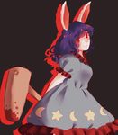  ambiguous_red_liquid animal_ears arms_behind_back black_background blue_dress blue_skirt bunny_ears dress frilled_dress frills hammer head_tilt kine looking_at_viewer orz_(kagewaka) purple_hair red_eyes seiran_(touhou) short_sleeves simple_background skirt smile solo star star_print touhou 