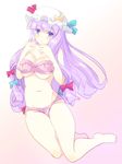  bikini breast_squeeze breasts cleavage crescent hair_ribbon hat large_breasts long_hair maki_(seventh_heaven_maxion) mob_cap patchouli_knowledge pink_bikini purple_eyes purple_hair ribbon solo swimsuit touhou tress_ribbon underboob very_long_hair 