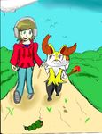  2015 animated braixen canine clothing cute duo female fur games godofgoomy hair hand_holding human inner_ear_fluff male male/female mammal nintendo open_mouth pok&eacute;mon red_eyes smile stick video_games walking 