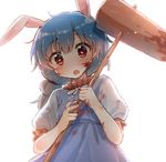  ahoge animal_ears bad_id bad_pixiv_id blood blood_on_face bloody_clothes bloody_hands bloody_weapon blue_dress blue_hair blurry blush bow bowtie bunny_ears depth_of_field dress eyebrows_visible_through_hair hammer heart heart-shaped_pupils holding kine looking_at_viewer multi-tied_hair open_mouth puffy_sleeves red_eyes seiran_(touhou) shinoba short_sleeves side_ponytail simple_background solo stained_clothes symbol-shaped_pupils touhou weapon white_background 