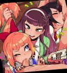  2boys 3girls :d bangs black_nails blonde_hair blue_eyes blunt_bangs blush bow commentary cum cum_in_mouth english_commentary fellatio grabbing_another&#039;s_hair green_eyes green_jacket hair_bow hair_ornament hair_pulled_back hair_ribbon hairband hetero holding irrumatio jacket kaori_(kunio-kun) kunio-kun_series kyoko_(kunio-kun) merunyaa misako_(kunio-kun) multiple_boys multiple_girls multiple_penises nail_polish one_eye_closed oral penis pink_ribbon red_bow red_hair ribbon river_city_girls shirt smile teeth upper_teeth white_hairband white_shirt wince x_hair_ornament 