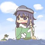  akatsuki_(kantai_collection) anchor_symbol black_hair bucket chibi commentary flat_cap hat inishie kantai_collection long_hair long_sleeves open_mouth school_uniform serafuku solo tears wavy_mouth 