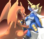  biozs charizard chocolate chocolate_syrup dragon duo erection feral gradient_background horn imminent_sex male male/male nintendo nude oral penis pok&eacute;mon precum samurott scalie video_games wings 