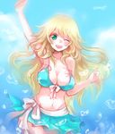  ;d arm_up artist_name atago_(kantai_collection) bikini_top blonde_hair blush breasts green_eyes kantai_collection large_breasts long_hair looking_at_viewer nagyi navel one_eye_closed open_mouth smile solo twitter_username 