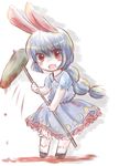  ambiguous_red_liquid animal_ears bad_id bad_pixiv_id bangs blue_dress blue_hair blush bunny_ears chibi commentary_request dress fang frilled_dress frills hammer kine long_hair looking_at_viewer multi-tied_hair open_mouth ponytail red_eyes satorichan seiran_(touhou) short_sleeves simple_background socks solo stained_clothes star star_print touhou very_long_hair white_background 