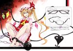  ascot ball_and_chain_restraint barefoot bespectacled black-framed_eyewear blonde_hair bloomers chain flandre_scarlet glasses hat laevatein long_hair looking_at_viewer nabeshima_tetsuhiro open_mouth red_eyes semi-rimless_eyewear side_ponytail solo touhou under-rim_eyewear underwear wings 