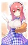  apron blush bread breasts food gingham headphones kobeya koubeya_uniform large_breasts long_hair looking_at_viewer maid minoa_(lastswallow) nitroplus pink_hair plaid plaid_apron red_eyes smile solo super_sonico uniform waitress 