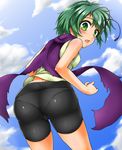  adapted_costume antennae ass bare_arms bare_shoulders bent_over bike_shorts blue_sky cape cloud commentary_request day green_eyes green_hair highres looking_at_viewer looking_back open_mouth panties_under_bike_shorts pantylines see-through shirt sky sleeveless sleeveless_shirt solo sweat touhou wriggle_nightbug yazuki_gennojou 