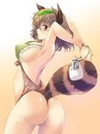  adapted_costume animal_ears armpits arms_behind_back arms_up ass bottle breasts brown_eyes brown_hair futatsuiwa_mamizou glasses large_breasts leaf leaf_on_head looking_at_viewer maki_(seventh_heaven_maxion) raccoon_ears raccoon_tail sake_bottle sideboob solo swimsuit tail tanuki touhou 