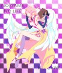  angel_wings breasts feathered_wings halo highres jibril_(no_game_no_life) long_hair looking_at_viewer low_wings magic_circle medium_breasts multicolored_hair navel no_game_no_life pink_hair shoes single_shoe smile solo white_wings wings yellow_eyes 