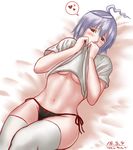  ahoge bed_sheet blush borrowed_character breasts character_request commentary_request covered_mouth dated heart heterochromia lying medium_breasts navel on_back original panties purple_hair shirt shirt_lift short_hair side-tie_panties solo spoken_heart stomach t-shirt taikyokuturugi thighhighs toned underboob underwear white_legwear 