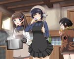  apron black_hair blue_eyes bottle brave_witches brown_eyes brown_hair cooking eating food georgette_lemare gloves hand_in_pocket head_scarf holding jacket kaneko_(novram58) kanno_naoe kitchen ladle leather leather_jacket long_hair multiple_girls open_mouth oven_mitts pot saucer shimohara_sadako short_hair smile steam tasting twintails uniform world_witches_series 