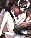  anchorage_water_oni backless_outfit bare_shoulders black_hair dress horns kantai_collection koruta_(nekoimo) long_hair looking_at_viewer machinery overskirt pale_skin parted_lips red_eyes shinkaisei-kan very_long_hair white_dress white_skin 