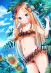 1girl :o abigail_williams_(fate/grand_order) bangs bare_arms bare_shoulders bikini black_bikini black_bow blonde_hair blue_eyes blue_sky blurry blurry_foreground blush bow breasts cleavage cloud cloudy_sky collarbone commentary_request day depth_of_field dutch_angle emerald_float fate/grand_order fate_(series) flower food forehead groin hair_bow hands_up highres holding holding_food horizon lokyin_house long_hair melting navel ocean orange_bow outdoors parted_bangs parted_lips polka_dot polka_dot_bow popsicle sky small_breasts solo sunflower swimsuit very_long_hair water yellow_flower 