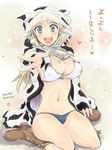  animal_print bell blonde_hair blue_eyes blush boots bra breasts cow_bell cow_print highres katharine_ohare large_breasts long_hair mishiro_shinza open_mouth outstretched_hand solo underwear world_witches_series 