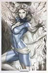  blue_bodysuit bodysuit highres jean_grey marvel monochrome phoenix_(x-men) solo stanley_lau superhero traditional_media x-men 