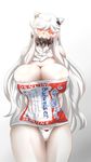  areola_slip areolae ayuayu_(shouyu_no_sato) blush breasts budweiser bursting_breasts cleavage covered_mouth glowing glowing_eyes highres horns huge_breasts kantai_collection looking_at_viewer midway_hime nipples orange_eyes panties shinkaisei-kan solo thick_thighs thighs underwear white_hair 