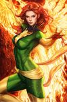  1girl bodysuit boots breasts cleavage cowboy_shot fire from_side green_eyes highres jean_grey looking_at_viewer marvel outstretched_arm phoenix_(x-men) red_hair skin_tight solo standing stanley_lau thigh_boots thighhighs x-men 