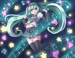  aqua_eyes aqua_hair bare_shoulders beamed_eighth_notes black_legwear detached_sleeves eighth_note hair_ornament hatsune_miku heart highres long_hair midriff musical_note navel necktie nicoby open_mouth quarter_note shirt skirt smile solo star stomach thighhighs thighs twintails very_long_hair vocaloid wide_sleeves zettai_ryouiki 