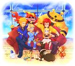  3boys :0 afro ahoge asymmetrical_hair berries blonde_hair blue_eyes bodysuit bracelet chimchar citron_(pokemon) cloud couch crossed_legs dedenne denji_(pokemon) electivire eureka_(pokemon) full_body gen_2_pokemon gen_4_pokemon gen_5_pokemon gen_6_pokemon glasses grin highres houndoom jewelry joltik litwick looking_at_viewer magmortar mary_janes mkttpi69 multiple_boys ooba_(pokemon) open_mouth oran_berry pichu pokemon pokemon_(anime) pokemon_(creature) pokemon_xy_(anime) poking purple_eyes red_eyes red_hair shoes sitting sitting_on_lap sitting_on_person smile sneakers sweatdrop teeth whiskers window 