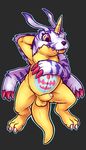  arm_behind_head balls digimon digital_media_(artwork) erection gabumon horn humanoid_penis lying male on_back partially_retracted_foreskin pelt penis scalie smile solo spread_legs spreading the_secret_cave uncut 