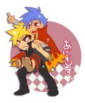  abitu angry bare_shoulders blonde_hair blue_hair blush cape carrying chibi clenched_teeth eyebrows frown kamina kittan lowres male_focus multiple_boys piggyback pointing sleeveless smile teeth tengen_toppa_gurren_lagann thick_eyebrows zouri 