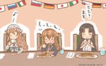  3girls :d bangs chair chopsticks closed_eyes commentary_request crescent cup dated drinking drinking_glass eating faux_traditional_media flag flags_of_all_nations food german_flag glass glasses hair_flaps hands_together headgear indoors italian_flag japanese_flag kantai_collection lapel_pin littorio_(kantai_collection) long_hair long_sleeves mochizuki_(kantai_collection) multiple_girls open_mouth pasta plate praying red-framed_eyewear russian_flag saucer short_sleeves shouhou_(kantai_collection) sitting smile spaghetti string_of_flags table taisa_(kari) teacup translation_request twitter_username water 
