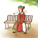  bad_id bad_pixiv_id bench bow_(instrument) braid cello chinese_clothes collared_shirt flat_cap full_body green_eyes half-closed_eyes hat hong_meiling instrument long_hair looking_down mitsu_(mitu_ll) outdoors pants park_bench red_hair shirt shoes short_sleeves sketch smile solo star touhou tree white_background wrist_cuffs 