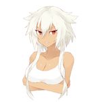  bad_id bad_twitter_id bare_shoulders breast_hold breasts cleavage crossed_arms dark_skin hair_down kantai_collection medium_breasts musashi_(kantai_collection) red_eyes short_hair_with_long_locks simple_background solo souji sports_bra white_background white_hair 