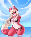  2015 anthro avoid_posting big_breasts bikini black_nose blonde_hair blue_eyes blush breasts canine cleavage clothed clothing cloud conditional_dnp female fox fur hair long_hair looking_at_viewer mammal mrawl navel outside pink_fur sea sky smile solo standing swimsuit thick_thighs undressing water white_fur wide_hips 