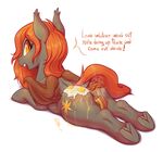  2015 absurd_res alpha_channel bacon bat_pony bat_wings butt cutie_mark egg english_text equine fan_character fangs female feral food hair hi_res hooves long_hair lying mammal mav_(artist) my_little_pony on_front open_mouth orange_hair plain_background solo text toast transparent_background underhoof wings 