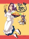  apron cat chopsticks cosplay eyepatch food fried_chicken gloves hair_intakes headgear heart highres housewife kantai_collection kappougi katase_minami mamiya_(kantai_collection) mamiya_(kantai_collection)_(cosplay) multiple_girls purple_eyes purple_hair short_hair spoken_heart tabi tatsuta_(kantai_collection) tatsutaage tenryuu_(kantai_collection) tenugui too_many too_many_cats translated tray 