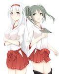  back-to-back brown_eyes cowboy_shot crossed_arms green_eyes grey_hair hair_ribbon hairband hakama_skirt japanese_clothes kantai_collection long_hair looking_at_viewer multiple_girls nankaichimu paper_airplane pleated_skirt red_skirt ribbon shoukaku_(kantai_collection) silver_hair simple_background skirt twintails white_background zuikaku_(kantai_collection) 