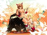  ^_^ animal_costume animal_ears blonde_hair blush boar boar_costume boots breasts brown_hair claws closed_eyes commentary_request daimaou_k embarrassed eyebrows fur_boots gerra groin haevest head_tilt kneeling leaning_forward leaning_to_the_side leg_up medium_breasts multiple_girls naked_ribbon narrowed_eyes navel new_year nipples nude original patterned_background rada ribbon tail thick_eyebrows wavy_hair 