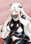  ayuayu_(shouyu_no_sato) blush bodysuit breasts glowing glowing_eyes horns kantai_collection large_breasts latex long_hair looking_at_viewer midway_hime red_eyes shinkaisei-kan solo swimsuit white_hair 