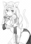  :p animal_ears arched_back armor bikini_armor blush breasts cat_ears cat_tail elbow_gloves from_side gauntlets gloves greyscale hair_between_eyes hairband highres large_breasts leaning_forward long_hair looking_at_viewer monochrome paw_pose peko sate_game_guard_o_kouryaku_shiyou_ka. scan sideboob solo tail thighhighs tongue tongue_out 