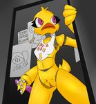  anal_beads animatronic anthro avian beak bird breasts chica_(fnaf) chicken colored dildo female five_nights_at_freddy&#039;s jailbait_knight machine mechanical monochrome presenting purple_eyes pussy pussy_juice robot sex_toy solo standing text video_games 
