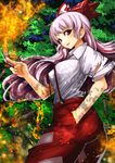  bow breasts chain fire fujiwara_no_mokou hair_bow hair_ribbon hand_in_pocket large_breasts long_hair looking_at_viewer open_mouth pants red_eyes ribbon shirt short_sleeves silver_hair smile solo spell_card suspenders torn_clothes torn_sleeves touhou tress_ribbon umigarasu_(kitsune1963) very_long_hair 