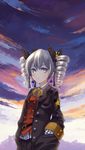  bai_banca benghuai_xueyuan bow bronya_zaychik drill_hair grey_eyes grey_hair hair_bow hand_in_pocket highres jewelry looking_at_viewer sky solo star twin_drills 