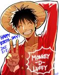  ^_^ arm_behind_head black_hair character_name closed_eyes facial_scar facing_viewer grin hand_on_headwear happy_birthday hat male_focus monkey_d_luffy okada_(hoooojicha) one_piece open_clothes open_shirt red_shirt scar scar_on_cheek shirt signature simple_background smile solo straw_hat upper_body v white_background 