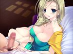  1girl bed bianca blonde_hair blue_eyes blush bracelet braid breasts cape censored cleavage dragon_quest dragon_quest_v dress earrings handjob jewelry kumatora_tatsumi large_breasts legs long_hair looking_at_viewer mosaic_censoring open_mouth penis pubic_hair sitting smile solo_focus thighs wooden_floor 