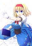  alice_margatroid bad_id bad_pixiv_id blonde_hair blue_eyes book breasts corset dress frilled_skirt frills gloves hairband large_breasts open_hand open_mouth puffy_sleeves red_ribbon ribbon shigemiya_kyouhei skirt solo touhou white_background white_gloves 