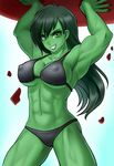  abs armpits arms_up bikini black_hair breasts covered_nipples cowboy_shot green_eyes green_nails green_skin grin highres jennifer_walters large_breasts lifting long_hair looking_at_viewer marvel muscle muscular_female nail_polish nose purple_bikini racoon-kun rock she-hulk smile solo strong swimsuit underboob 