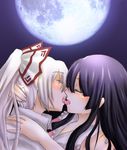  arekkusu black_hair blush bow closed_eyes french_kiss fujiwara_no_mokou hair_bow highres houraisan_kaguya kiss moon multiple_girls saliva tears tongue touhou white_hair yuri 