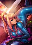 ass bed blonde_hair blue_eyes bodysuit breast_press breasts dutch_angle female gun high_ponytail large_breasts looking_at_viewer lying metroid neon_trim nintendo on_stomach pillow ponytail reiq samus_aran smile solo weapon window zero_suit 