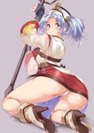  ass belt blue_hair from_behind granblue_fantasy grey_eyes hat high_heels kneeling looking_back mamedenkyuu_(berun) plump smile solo sophia_(granblue_fantasy) staff twintails 